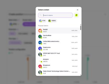 App interface overlay titled 'Select a token' showing a searchable list of cryptocurrencies including ETH, USDC, Tether (USDT), Toncoin (TON), UnitedMicrocrediniti (UMC), Quilibrium (QLM), XRP S&P 500 ETF Trust, Amazon, Broadcom, and Tolar Token Technology Limited.