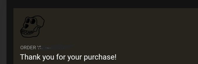 A confirmation screen displays a stylized skull logo alongside the message "Thank you for your purchase!", with the order number partially blurred out, celebrating the successful acquisition of a "Bag" item likely related to the Bored Ape Yacht Club NFT collection referenced in the post.