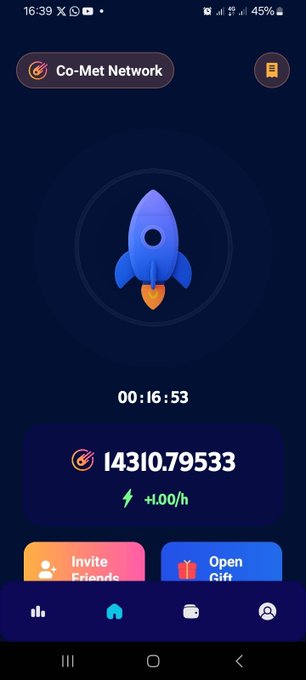 A mobile app screen for 'Co-Met Network' showing a rocket graphic, a timer at 00:16:53, and a balance of 14310.79533 with a +1.00/h mining rate, along with 'Invite Friends' and 'Open Gift' buttons.