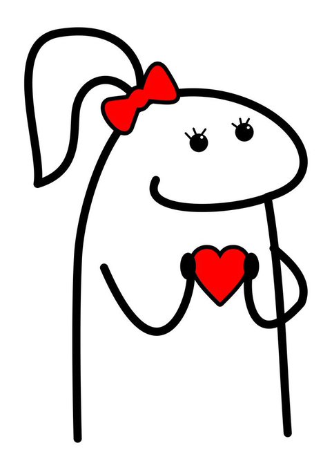 A simple cartoon drawing of a white character with a red bow on its head, holding a red heart against its chest.