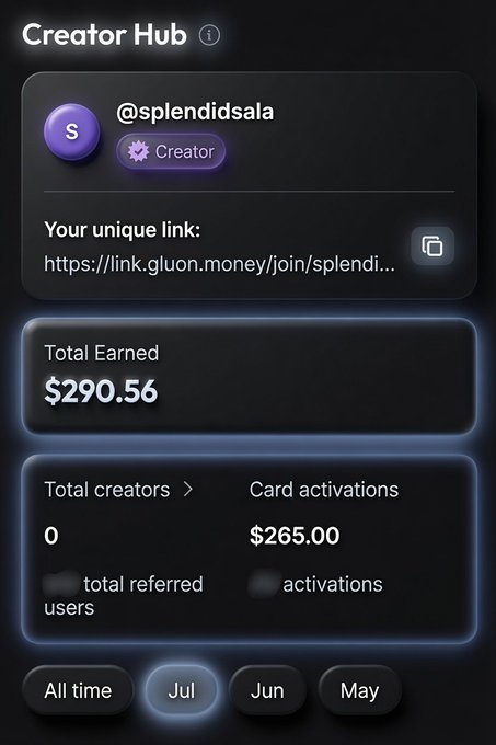 A screenshot of the Gluon Money Creator Hub showing user @splendidsala has earned $290.56, including $265.00 from card activations, supporting the post's claim about earning money through the platform.