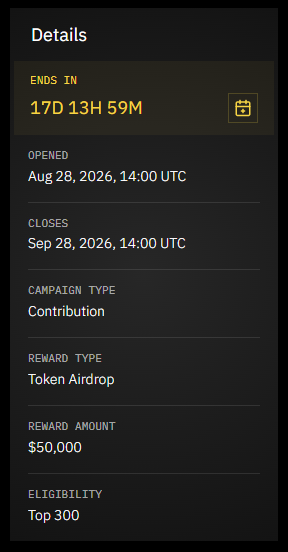 A campaign details screen displays an end timer of 17D 13H 59M, with opened and closing dates of Aug 28, 2026 and Sep 28, 2026, a 'Contribution' campaign type, a 'Token Airdrop' reward of $50,000, and 'Top 300' eligibility.