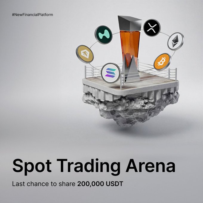 A promotional graphic featuring a floating arena ring with cryptocurrency logos (XRP, BTC, ETH, SOL, and others) surrounding a central monument, advertising the "Spot Trading Arena" with the tagline "Last chance to share 200,000 USDT" and hashtag "#NewFinancialPlatform," aligning with the post's urgent call to join the trading competition before it ends.