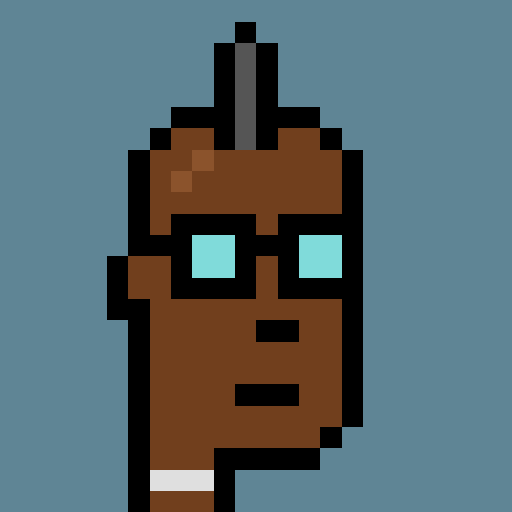 A pixel art portrait of a brown-skinned character with a mohawk and glowing blue glasses against a blue background.