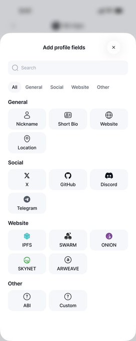 A mobile app interface for adding profile fields, displaying categories like General, Social, Website, and Other with various icons for platforms including X, GitHub, Discord, and IPFS.