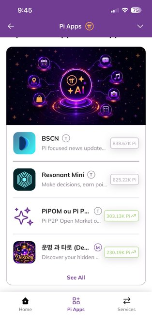 A mobile app screenshot of the Pi Network 'Pi Apps' section showing apps like BSCN (838.67K Pi), Resonant Mini (625.22K Pi), PiPOM ou Pi P... (303.13K Pi), and 운명 과 타로 (230.19K Pi).