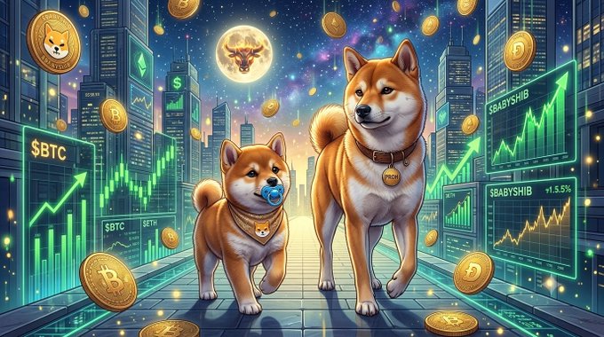 A vibrant digital illustration of two Shiba Inu dogs standing on a cobblestone path in a futuristic city, surrounded by floating Bitcoin coins and glowing screens displaying 'BTC' and 'BABYSHIB' stock charts.