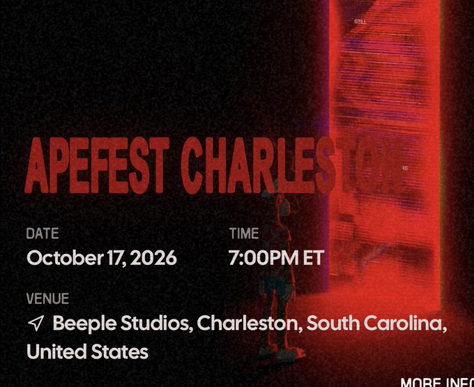 Promotional graphic for "APEFEST CHARLESTON" event featuring date "October 17, 2026," time "7:00PM ET," and venue "Beeple Studios, Charleston, South Carolina, United States," displayed against a dark background with a red-lit doorway. The image relates to the post by announcing the upcoming Bored Ape Yacht Club festival the user is attending with their sister and friend.