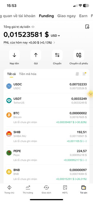A screenshot of a Vietnamese-language crypto portfolio app displaying a total estimated value of '0,01523581 $' along with holdings in USDC, USDT, BTC, SHIB, PEPE, and BNB.