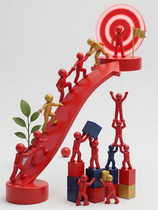 A 3D illustration shows red and gold figurines climbing a red upward arrow toward a target, symbolizing teamwork and achieving goals, while others build structures with blocks below.