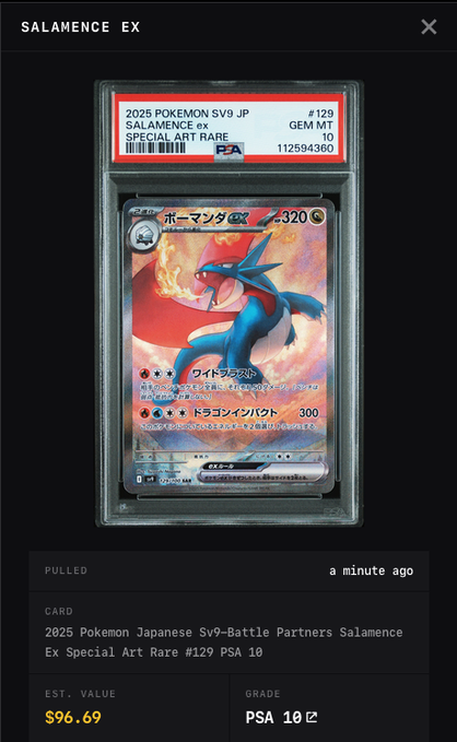 PSA-graded Pokémon card display showing a 2025 Pokémon Japanese SV9-Battle Partners Salamence Ex Special Art Rare #129 with PSA 10 grade and an estimated value of $96.69.