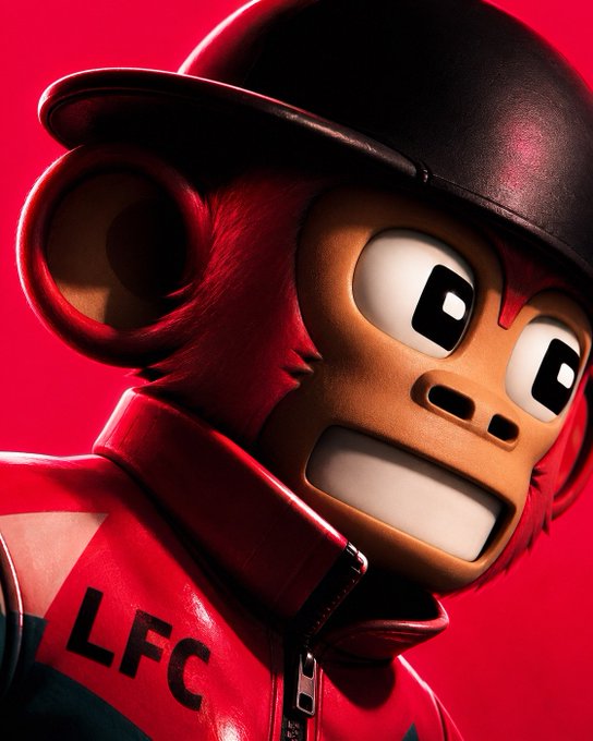 A 3D rendered cartoon monkey character wearing a black helmet and a red jacket with "LFC" printed on it against a red background.