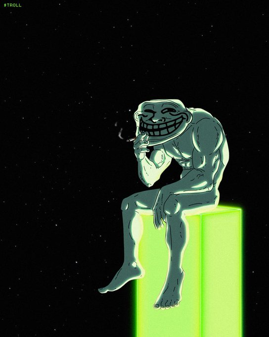A muscled trollface character sits on a glowing green block in space, smoking. The image, marked with "#TROLL," visually represents the predicted "generational run" on the cryptocurrency ticker $TROLL.