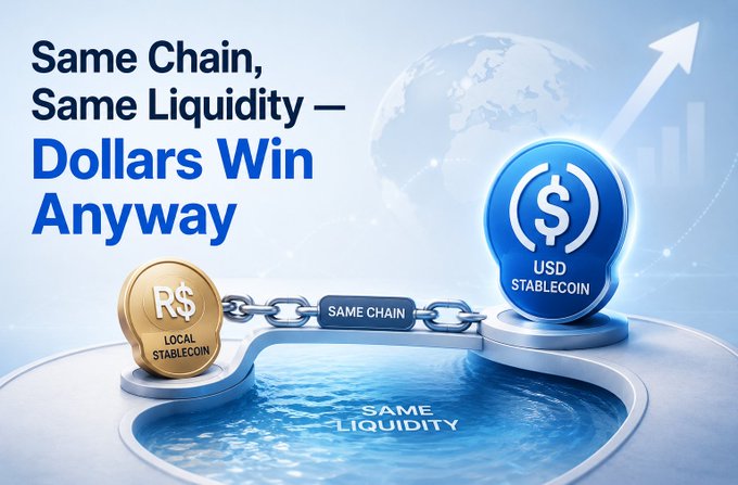 A financial infographic with the text 'Same Chain, Same Liquidity — Dollars Win Anyway,' showing a gold 'R$' local stablecoin and a blue USD stablecoin connected by a 'SAME CHAIN' bridge over a 'SAME LIQUIDITY' pool.