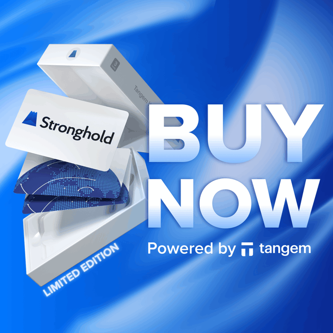 A blue promotional graphic shows a Stronghold-branded Tangem hardware wallet being packed into a box. It reads “BUY NOW,” “Powered by Tangem,” and “LIMITED EDITION,” promoting the 186 remaining Stronghold x Tangem wallets.