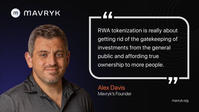 A quote graphic from Mavryk featuring Alex Davis, Mavryk's Founder, discussing RWA tokenization and eliminating investment gatekeeping.