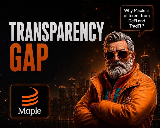 A promotional graphic titled 'TRANSPARENCY GAP' with the Maple logo, featuring a bearded man in sunglasses against a cityscape, asking 'Why Maple is different from DeFi and TradFi?'