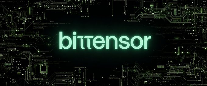 The text 'bittensor' appears in a glowing green futuristic font over a dark background of circuit board patterns.