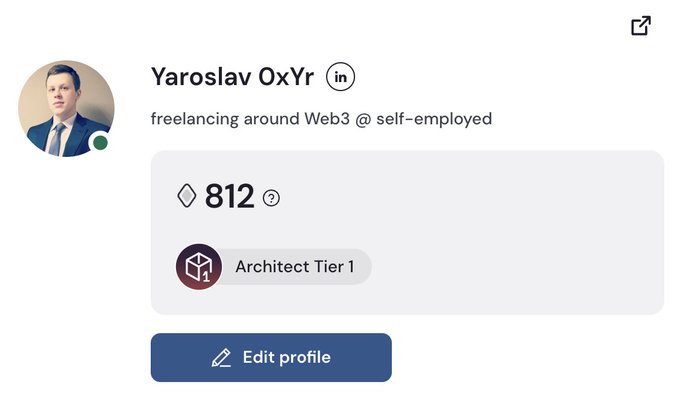 A profile page screenshot for 'Yaroslav OxYr' shows the user 'freelancing around Web3 @ self-employed' with a balance of 812 and an 'Architect Tier 1' badge.