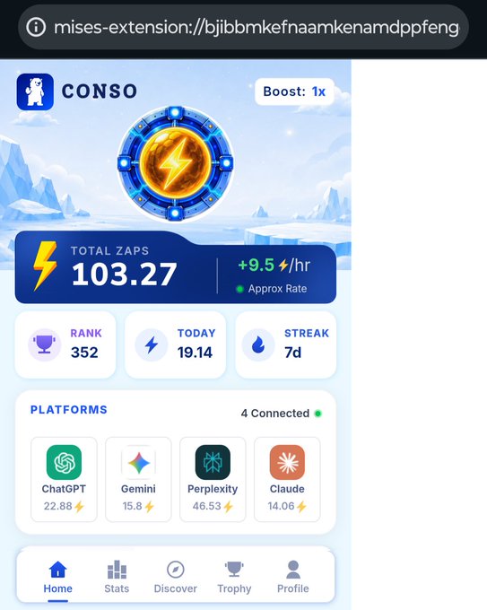 A mobile app interface called 'CONSO' shows a total of 103.27 zaps with a +9.5/hr rate, connected to ChatGPT, Gemini, Perplexity, and Claude platforms.