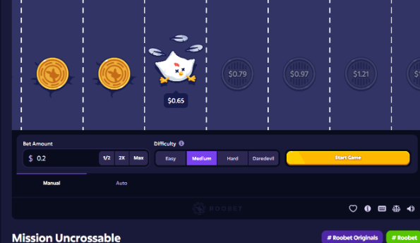 Roobet Mission Uncrossable game interface with bet amount $0.2, Medium difficulty, showing a chicken crossing lanes with multipliers $0.65, $0.79, $0.97, $1.21.