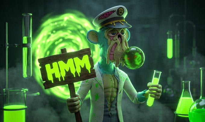 A zombie-like Bored Ape Yacht Club character dressed as a scientist blows a green bubble while holding a sign reading "HMM" and a glowing test tube, fitting the "Happy Mutant Monday" theme with its mutated, lab-coat aesthetic surrounded by bubbling green beakers.