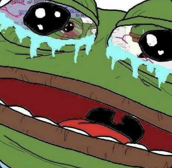This image shows a close-up of the Pepe the Frog meme character crying heavily with exaggerated, cartoonish tears, featuring what appears to be a torn chart or document background with partially visible text and numbers behind its bloodshot eyes.

The distressing, tearful frog imagery complements the post's caption by visually emphasizing the emotional turmoil and uncertainty surrounding $PEPE's price action as traders anxiously await the suggested breakout.