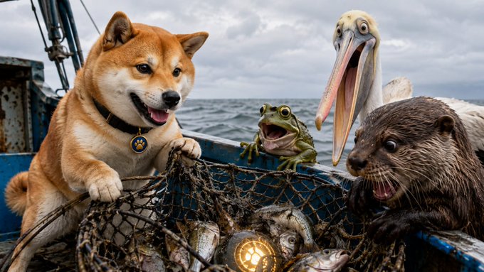 A humorous AI-generated image of meme characters on a fishing boat, including a Shiba Inu dog, Pepe the Frog, a pelican, and an otter, gathered around a net full of fish with a glowing Bitcoin token.