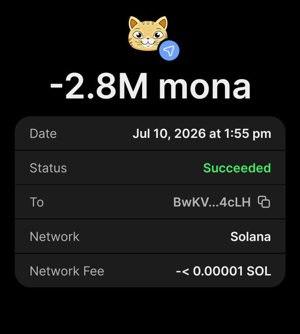 A screenshot of a successful Solana transaction sending **-2.8M $MONA** tokens on Jul 10, 2026, with a minimal network fee of <0.00001 SOL — likely presented as proof of receiving an airdrop from the @Monasolanatoken giveaway referenced in the post.