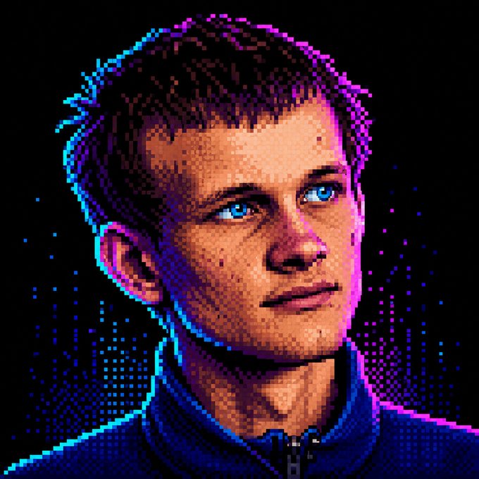 The image features a man with blue eyes, looking up at something above his head. The background of the image is black, which contrasts with the man's face and makes him stand out more. There are also purple dots scattered throughout the image, adding an artistic touch to the overall composition. The caption below the image reads "Vitalik' s new research post redesigned how synthetic assets should work." This suggests that there might be a connection between the man in the image and Vitalik Buterin's recent announcement about changes to the Ethereum blockchain.