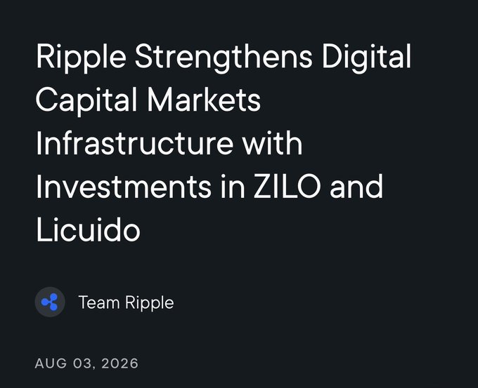 A dark-themed social media graphic dated August 3, 2026, featuring a headline that reads "Ripple Strengthens Digital Capital Markets Infrastructure with Investments in ZILO and Licuido," posted by Team Ripple. The accompanying caption criticizes Ripple's infrastructure investments while pointing out that XRP has remained at $1 for over a decade, contrasting that stagnation against a meme coin's massive 370,000x gain in 21 days.