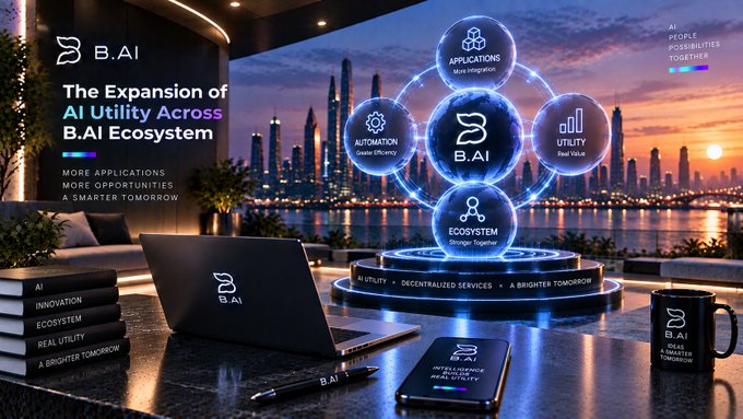 A futuristic promotional graphic for 'B.AI' featuring a glowing circular ecosystem diagram with labels 'Applications More Integration', 'Automation Greater Efficiency', 'Utility Real Value', and 'Ecosystem Stronger Together', displayed alongside a laptop and books reading 'AI, Innovation, Ecosystem, Real Utility, A Brighter Tomorrow'.