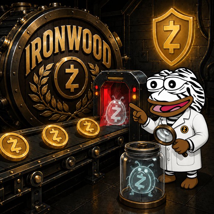 The image features a cartoon character, likely a frog or a zebra, standing next to a jar with a blue liquid inside of it. The character appears to be examining something related to the jar, possibly a coin or a glass object. The background includes a sign that says "Ironwood" and another sign that reads "ZEC". The image also contains text that references the game "ZEC", which could indicate that this is an advertisement for a video game or a promotional material related to the game.