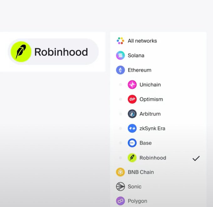 A network selector dropdown on 1inch highlights Robinhood Chain among supported networks like Solana, Ethereum, and Optimism, with Robinhood's feather logo enlarged for emphasis—illustrating how cross-chain swaps now let users route directly into Robinhood Chain without manual bridging.
