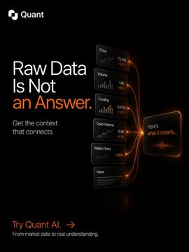 A dark-themed advertisement for 'Quant' with the text 'Raw Data Is Not an Answer. Get the context that connects.', showing various raw data metrics on a smartphone screen leading to 'Here's what it means...' in a speech bubble.