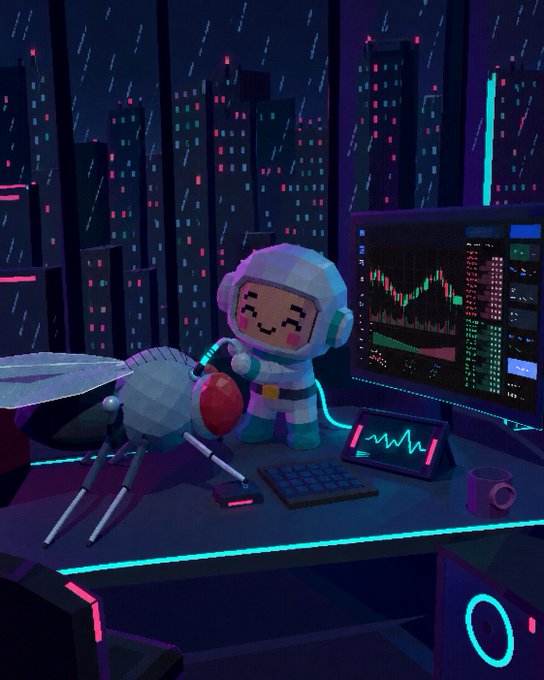 A pixel-art style scene of an astronaut character trading stocks on multiple monitors displaying charts, with a small lunar lander nearby, set against a rainy cyberpunk cityscape backdrop.
