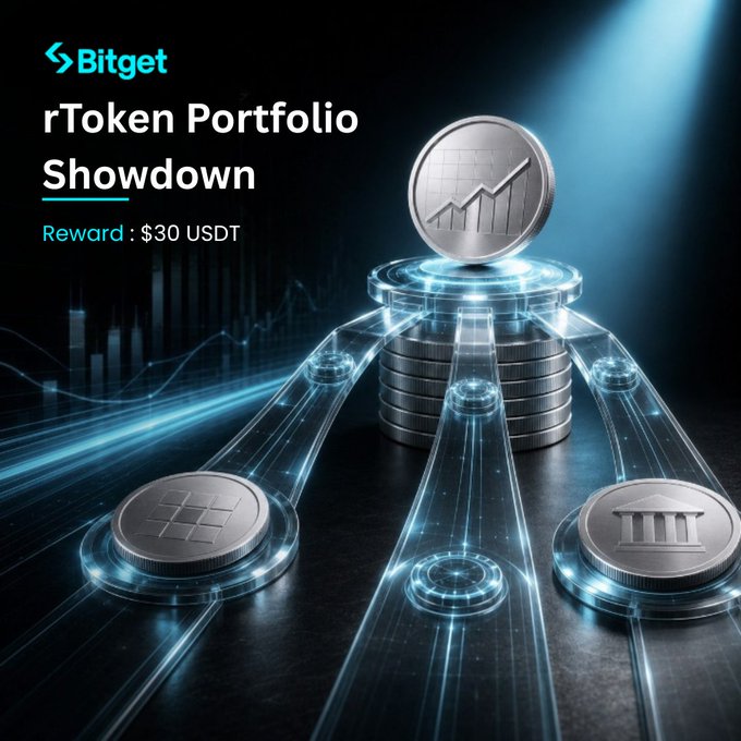 A promotional graphic for Bitget's 'rToken Portfolio Showdown' offering a $30 USDT reward, featuring stacked silver coins with glowing blue digital connections.