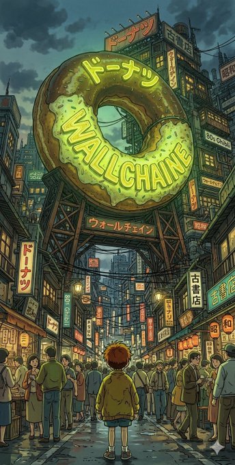 The image features a large cartoon donut that has been cut into the shape of a wheel, with the words "Wallchain" written above it. The scene takes place in an urban setting, where there are many people walking around and enjoying their time. A person is standing next to this unique donut, possibly admiring its design or discussing it with others. The image also includes text that reads: "The first Friday of June has arrived, and today we celebrate Donut Day". This suggests that the donut might be a special edition or limited edition item related to Donut Day.
