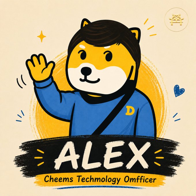 The image features a cartoon character named Alex who is waving at the camera with a smile. The background of the image has various elements such as hearts, stars, and brushstrokes that add to its visual appeal. The text "Cheems Technology Officer" is also present in the image. This suggests that there might be some connection between the character and technology or perhaps it's related to an event or project involving technology.