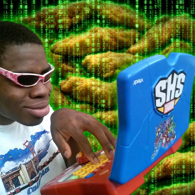 A stylized collage image showing a man wearing pink sunglasses typing on a blue and red SHS laptop, set against a background of fried chicken and green Matrix-style digital code.