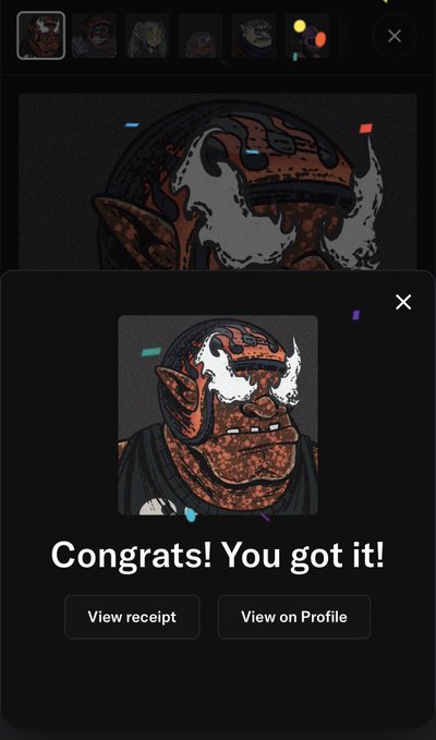 A mobile app screen showing a "Congrats! You got it!" notification for purchasing an NFT depicting a red-skinned, goblin-like character with white hair, with options to view receipt or profile.