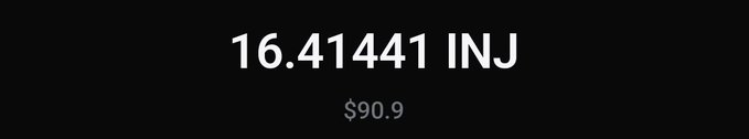 A black screen displaying cryptocurrency balance of '16.41441 INJ' valued at '$90.9'.