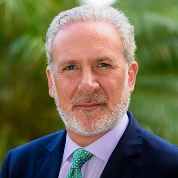 The image features an older man wearing a suit, tie, and a beard with white hair. He has a serious expression as he looks directly at the camera. The background of the photo includes palm trees, suggesting that they are taking place in a tropical or warm climate setting. The image also contains text related to cryptocurrency, which is likely about Peter Schiff's views on Bitcoin and other digital assets.