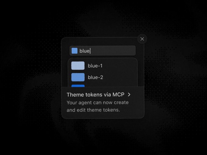 This image displays a UI element where "blue" colored theme tokens are being generated or managed via MCP. The message "Your agent can now create and edit theme tokens" directly relates to the post's announcement that Paper has tokens.
