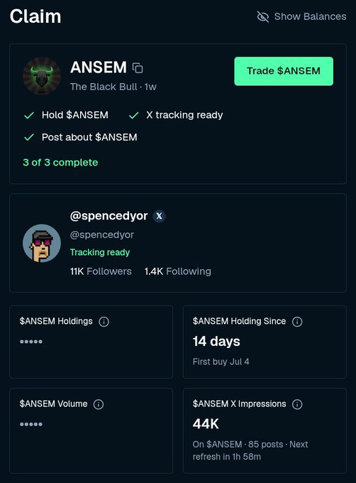 A 'Claim' dashboard interface showing an $ANSEM token holding profile for @spencedyor with Trade $ANSEM button, displaying stats including 14 days holding since first buy Jul 4, $ANSEM X Impressions of 44K, and 11K Followers.