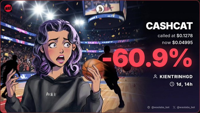 A distressed anime-style character with purple hair reacts in shock at a basketball arena, overlaid with bold red text showing "CASHCAT" dropping -60.9% (called at $0.1278, now $0.04995) by "KIENTRINHGD" within "1d, 14h," reflecting the poster's frustration over a FOMO-driven loss and plea for advice on whether to hold or cut losses on their CashCat memecoin investment.