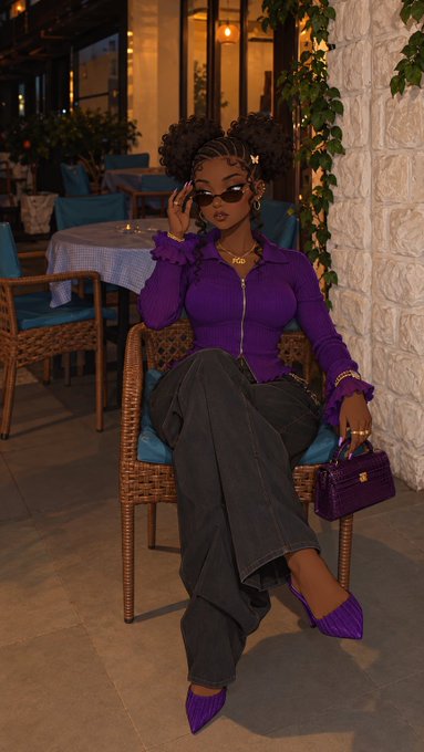 A woman with curly hair in a purple ruffled zip-up top and dark jeans sits elegantly on a wicker chair in an outdoor restaurant setting at dusk, wearing sunglasses and holding a purple handbag.