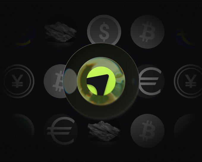 The image features a glowing green logo at the center surrounded by faded currency symbols including Bitcoin (₿), Dollar ($), Euro (€), and Yen (¥), along with rock imagery. This visually reinforces the post's message that perpetual contracts like BTC-PERP offer price exposure to various assets—including commodities and currencies—without requiring ownership of the underlying, highlighting JetBolt (JetBit) as a platform providing diversified perpetual access across multiple markets.