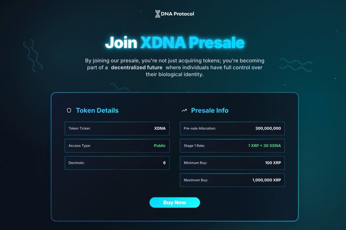 An XDNA Protocol promotional graphic titled 'Join XDNA Presale' detailing token information including a 300,000,000 pre-sale allocation, a 1 XRP = 30 XDNA stage 1 rate, and a 'Buy Now' button.