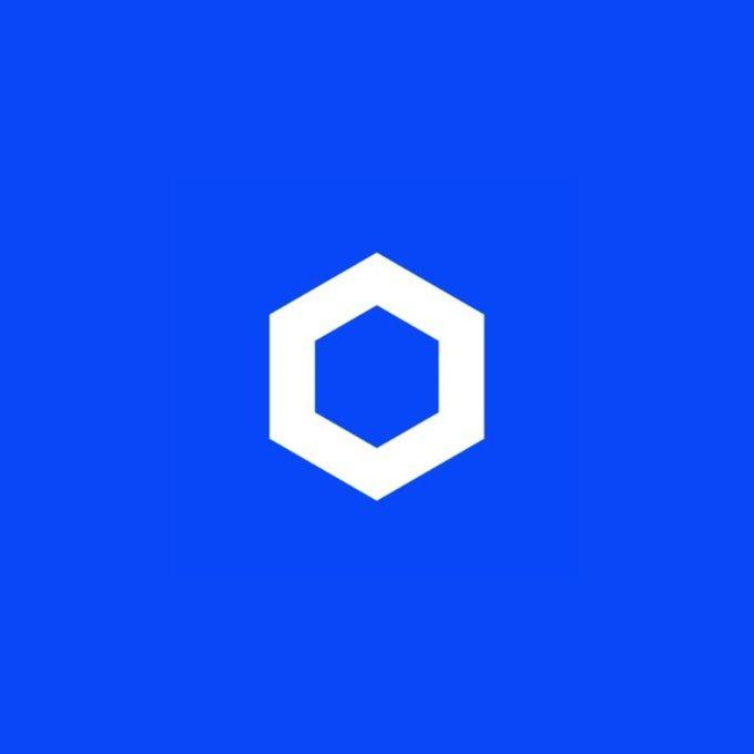 The Chainlink (LINK) cryptocurrency logo, a white hexagon design on a blue background.